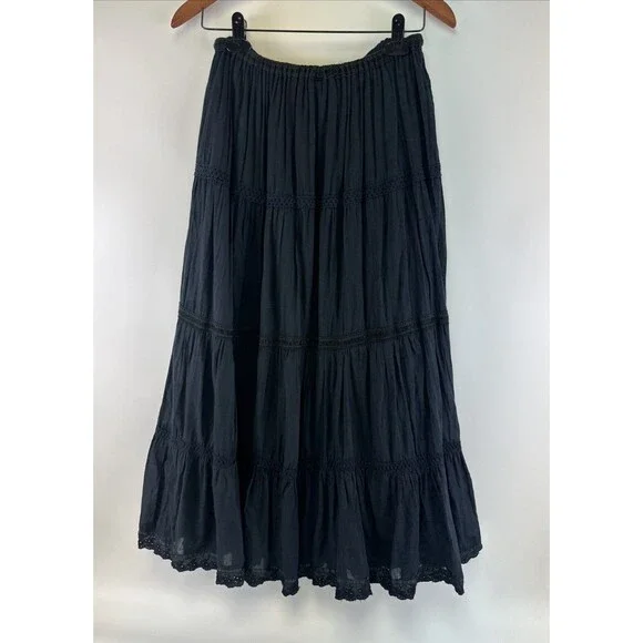 Bhag’s Cotton Tiered Maxi Skirt Black Crochet Elastic Waist Lined Free Size - Picture 6 of 13